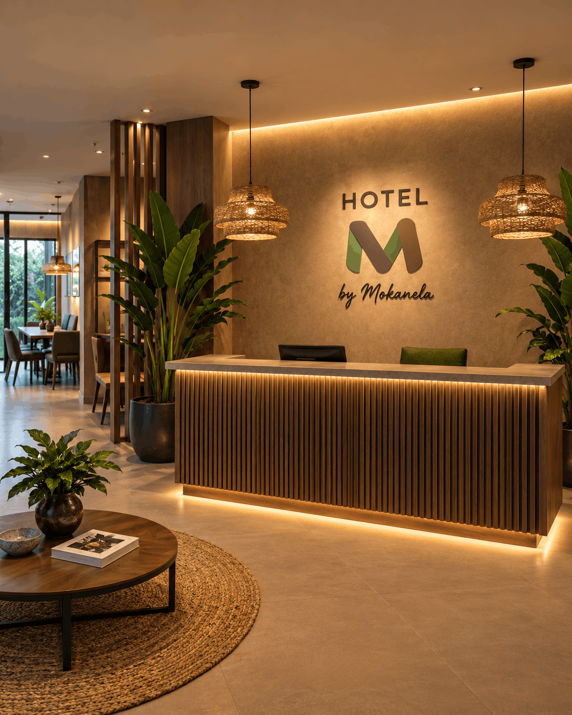 Lobby de Hotel M by Mokanela en Barranquilla con madera, iluminación cálida y vegetación